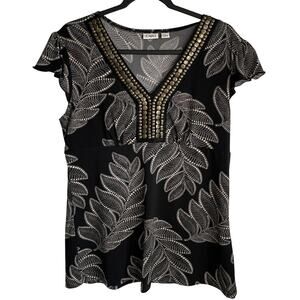 Cato Top Bronze disc embellishments Sz L V-Neck Flutter Sleeves Stretchy Blouse